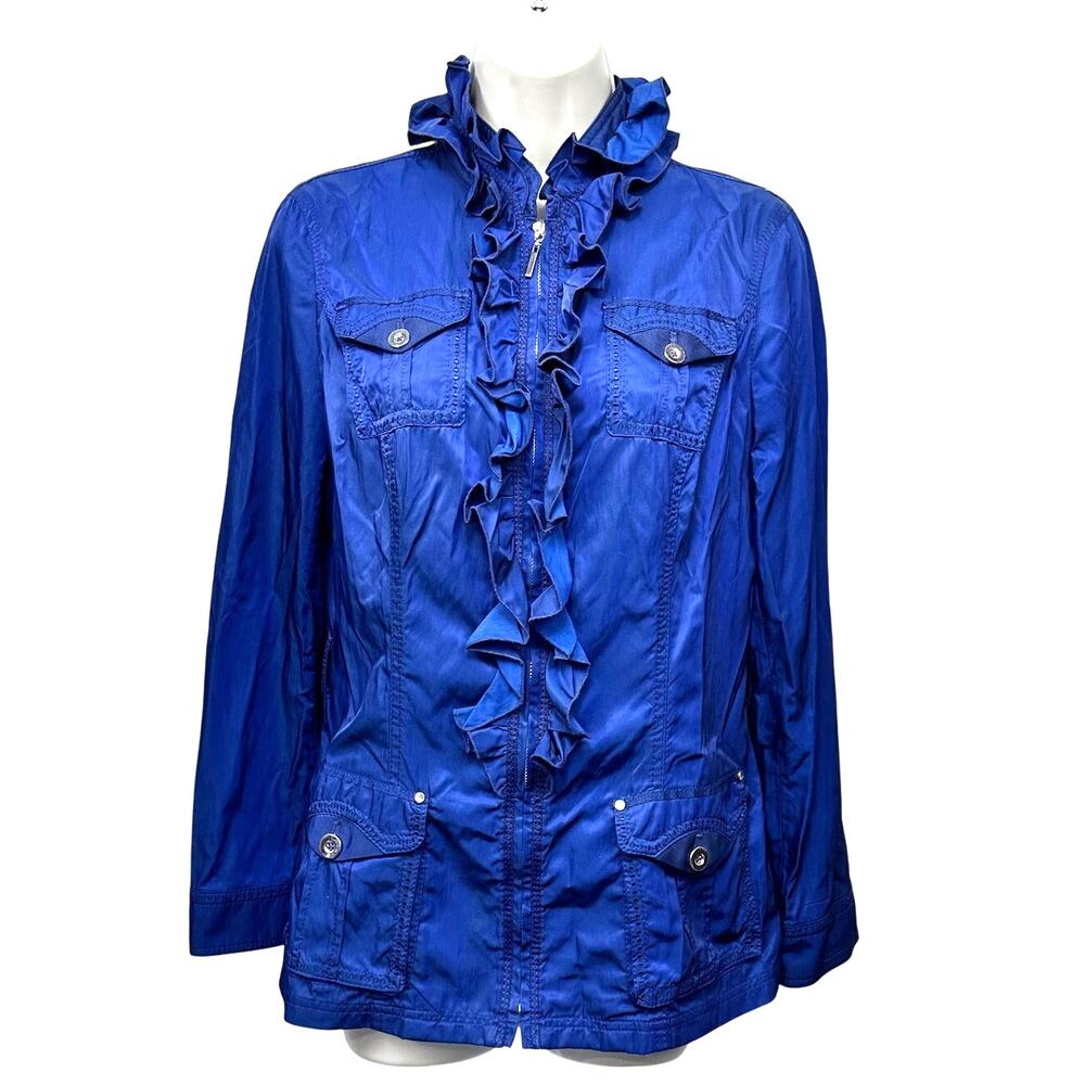 WHBM White House Black Market Women small ruffle moto jacket blue mock neck